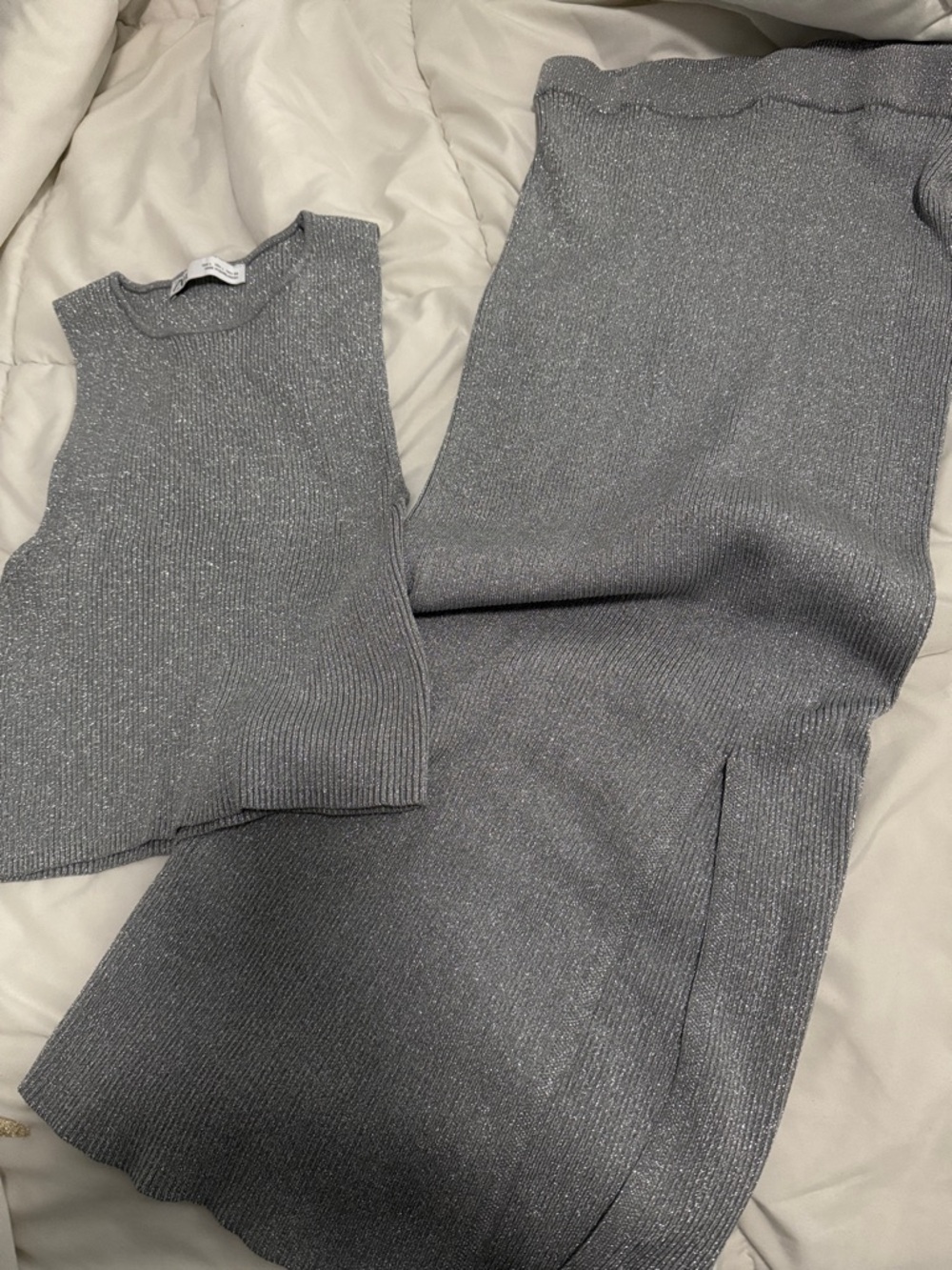 Zara Women's Silver Knit Two-Piece Set - Sleeveless Top & Skirt